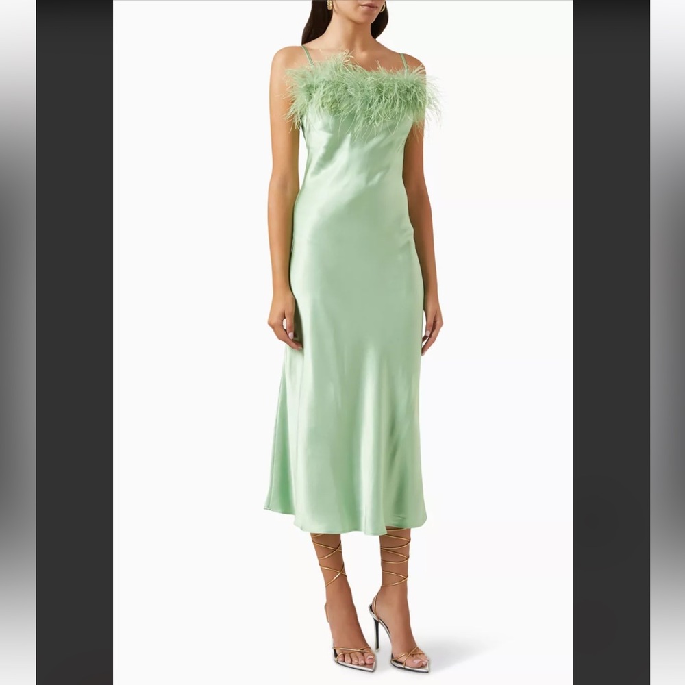 Sleeper Mint Green Feather-Trimmed Midi Dress